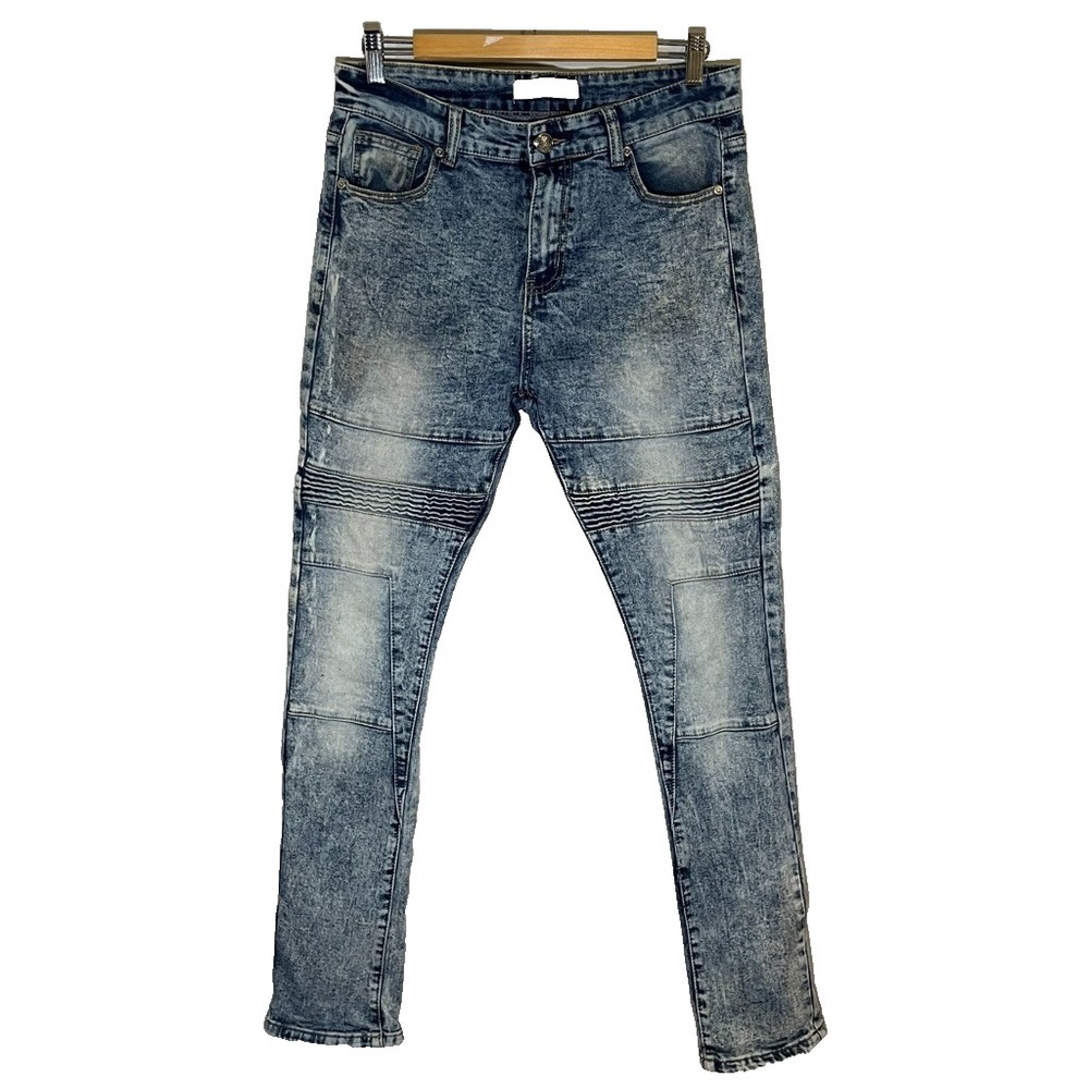 Acid Wash Moto Denim Jeans Skinny 32" Streetwear Grunge Skater Urban Faded 90s